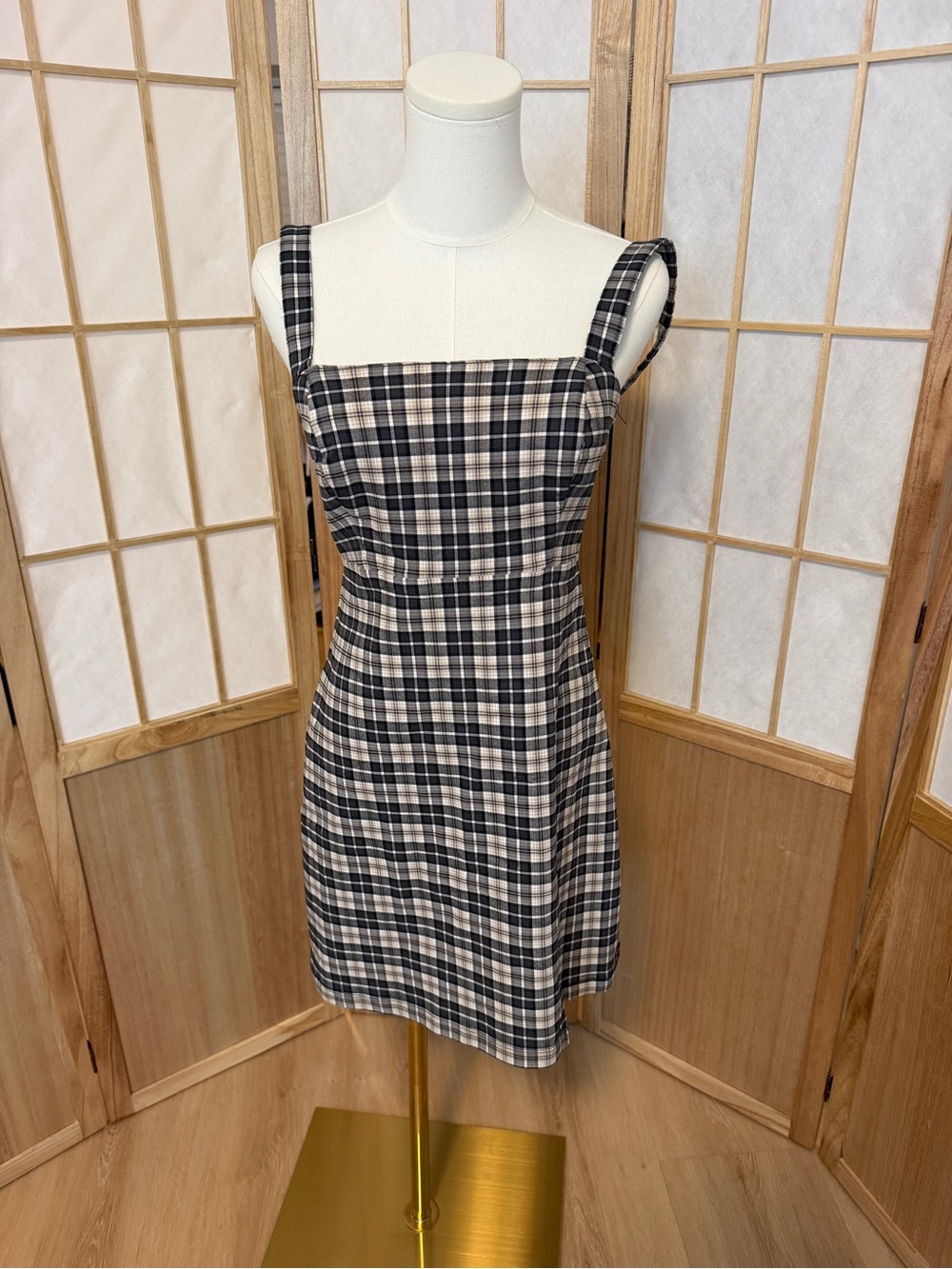 NWT Hollister Plaid Mini Dress Black Cream Square Neck Adjustable Straps